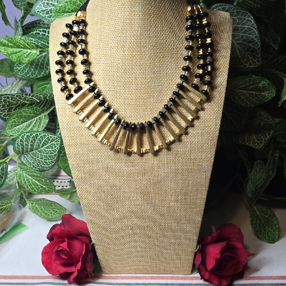 Chico's Jewelry - Chico's 3 Strand Gold Tone and Black Beaded Statement Necklace